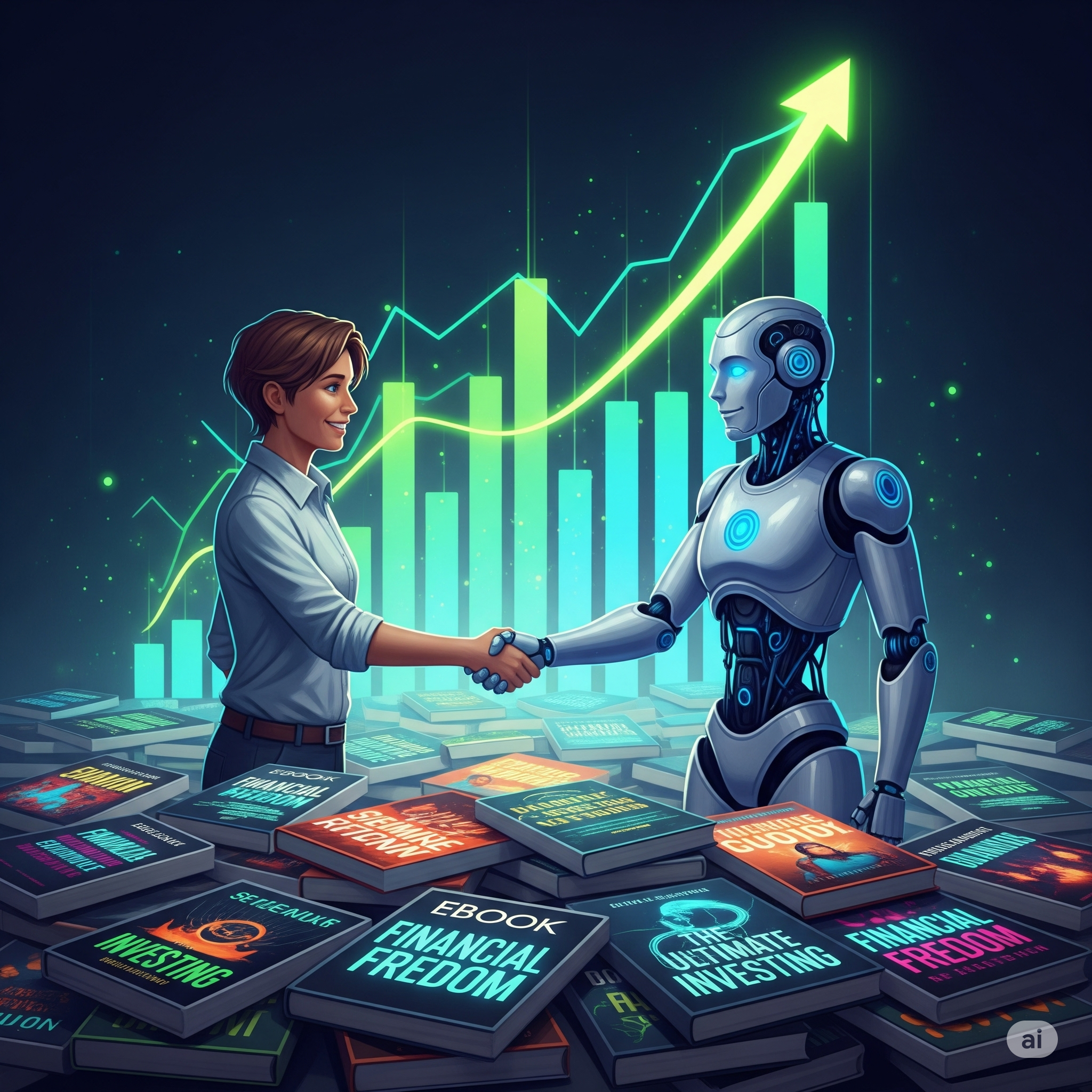 Ilustração de uma pessoa e um robô apertando as mãos sobre livros e um gráfico de crescimento